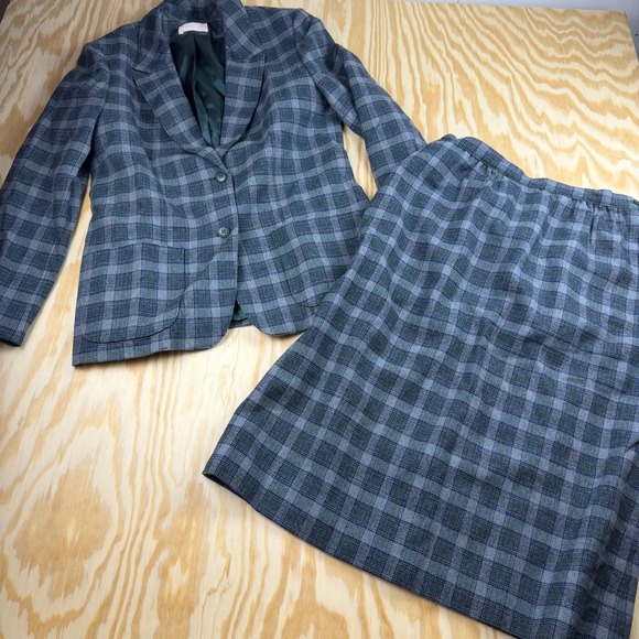 Pendleton Dresses & Skirts - Vintage Pendleton Wool Skirt Suit Green Blue Plaid Blazer Set Made in USA